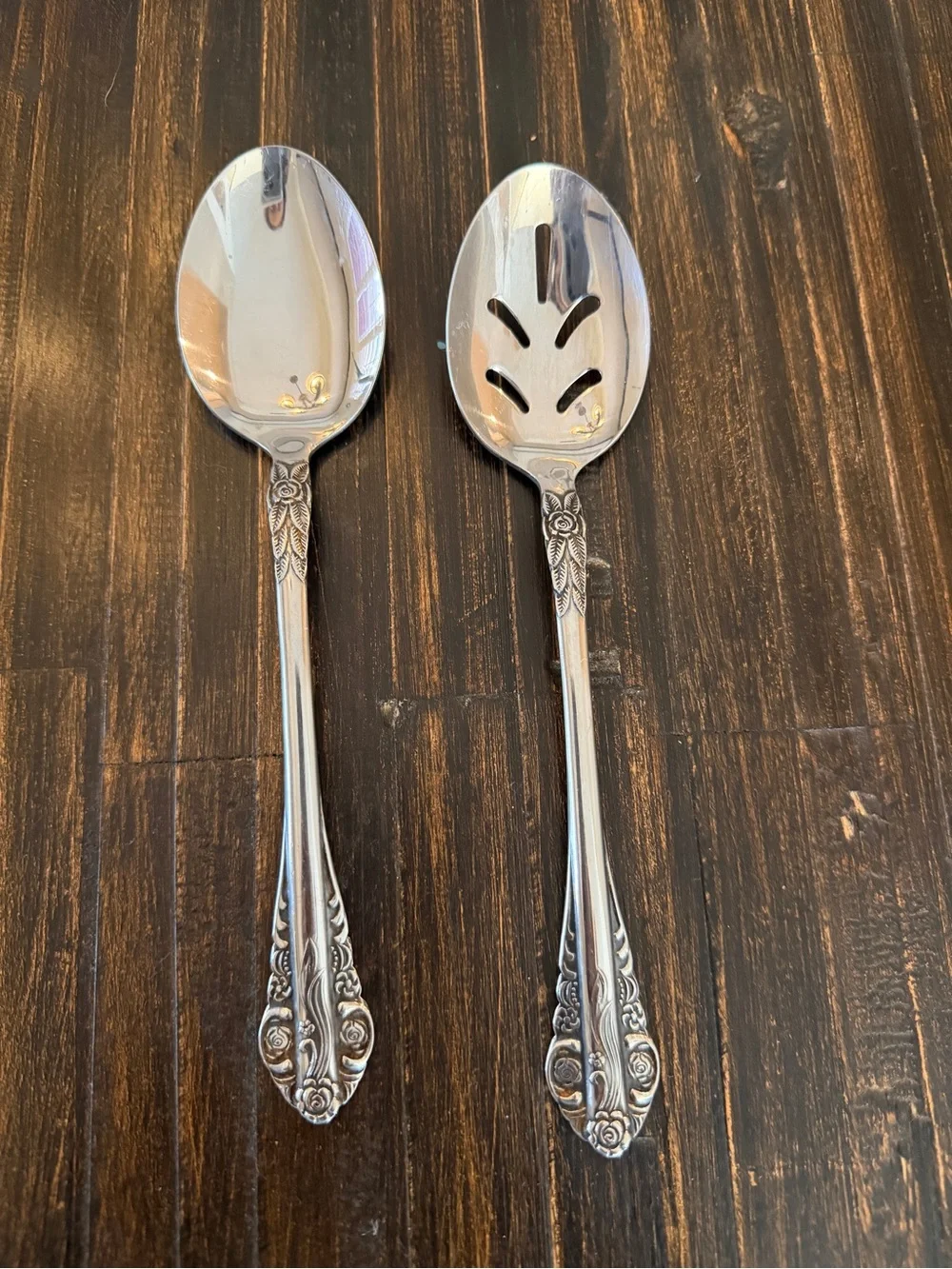 Vintage Coeur d’Alene Japan Stainless Floral Serving Spoon & Slotted Spoon Set 2